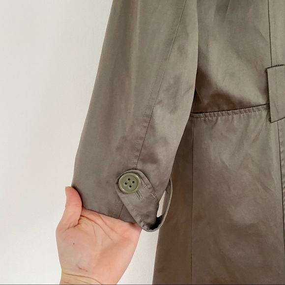 Bebe Gray Green Satin Trench Coat Y2K 3/4 Sleeve Button Detail Gilmore Girls - Picture 9 of 11